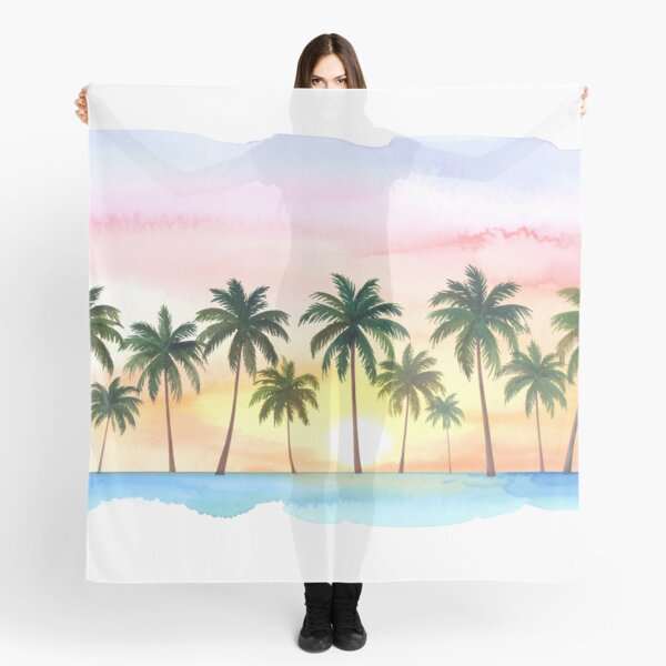 Item preview, A tranquil watercolor landscape features a row of palm trees silhouetted against a vibrant sunset sky, with a calm body of water below designed and sold by homydesign.