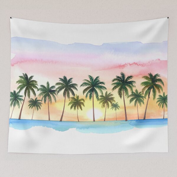 Item preview, A tranquil watercolor landscape features a row of palm trees silhouetted against a vibrant sunset sky, with a calm body of water below designed and sold by homydesign.