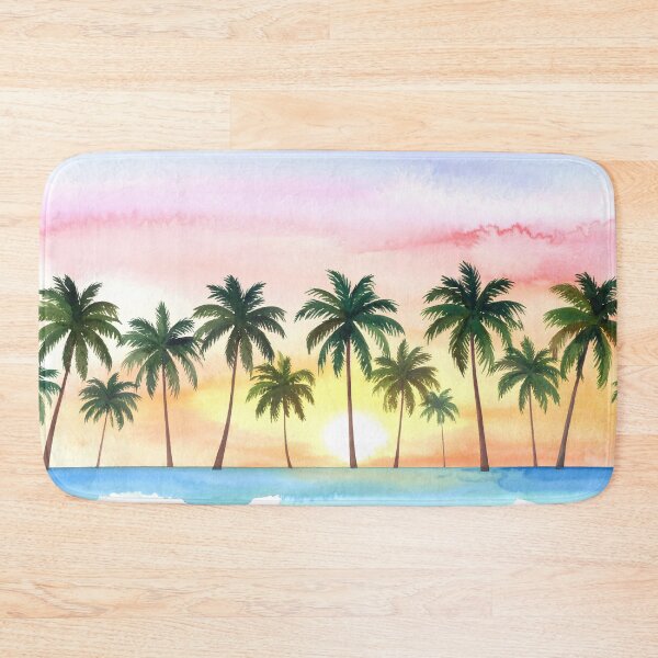 Item preview, A tranquil watercolor landscape features a row of palm trees silhouetted against a vibrant sunset sky, with a calm body of water below designed and sold by homydesign.