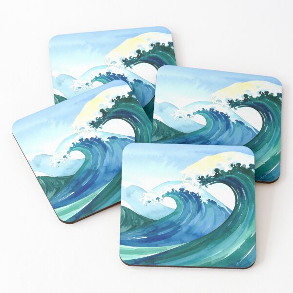 Item preview, A dynamic watercolor painting depicts a series of powerful ocean waves cresting and breaking under a bright blue sky designed and sold by homydesign.