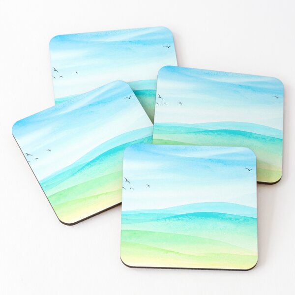 Item preview, A serene watercolor landscape featuring rolling hills in shades of blue and green, with birds soaring under a vast sky designed and sold by homydesign.