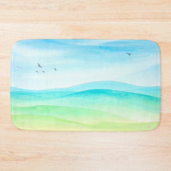 Item preview, A serene watercolor landscape featuring rolling hills in shades of blue and green, with birds soaring under a vast sky designed and sold by homydesign.