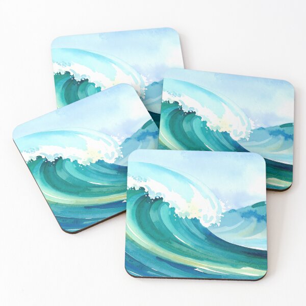Item preview, An energetic watercolor illustration depicting a large, cresting ocean wave with foamy white spray, in various shades of blue and green designed and sold by homydesign.