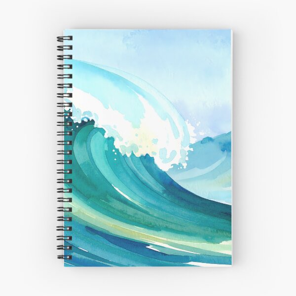 Item preview, An energetic watercolor illustration depicting a large, cresting ocean wave with foamy white spray, in various shades of blue and green designed and sold by homydesign.