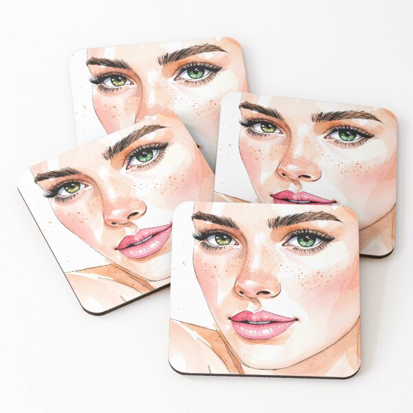 Item preview, A captivating watercolor portrait of a young adult female with striking green eyes and freckles, showcasing artistic blend of colors and expressive brushstrokes designed and sold by homydesign.
