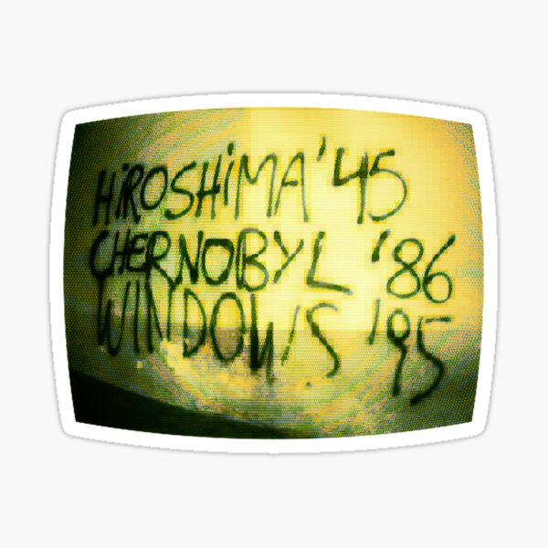 Item preview, "CATASTROPHES" HIROSHIMA '45 CHERNOBYL '86 WINDOWS '95 SCHIZOPOSTING GRAFFITI 1999 POMO ART TRIBLEND-(GREEN)TEE--DRAWSTRING-SOCKS-ACRYLIC-CLOCK designed and sold by CARTOONETELIER.