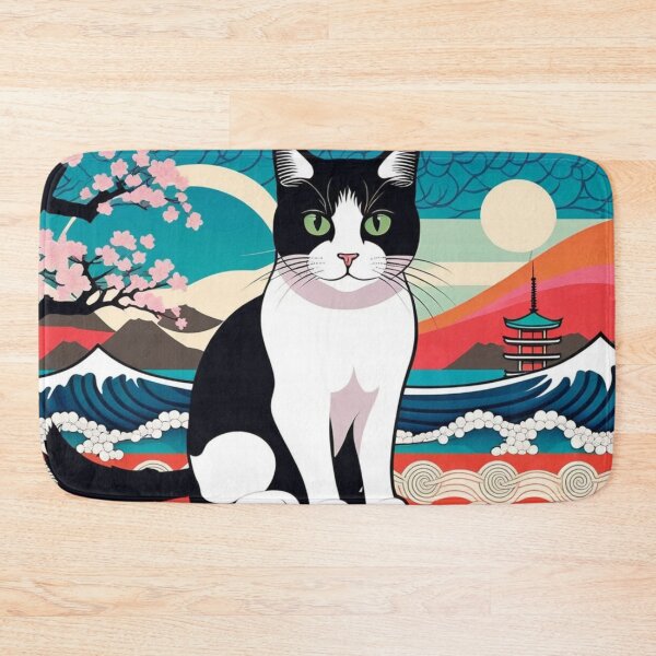 Item preview, Bold Black and White Cat with Japanese Scenery – Sakura, Mt. Fuji & Pagoda designed and sold by LEO'S CREATURE　れおずくりーちゃー.