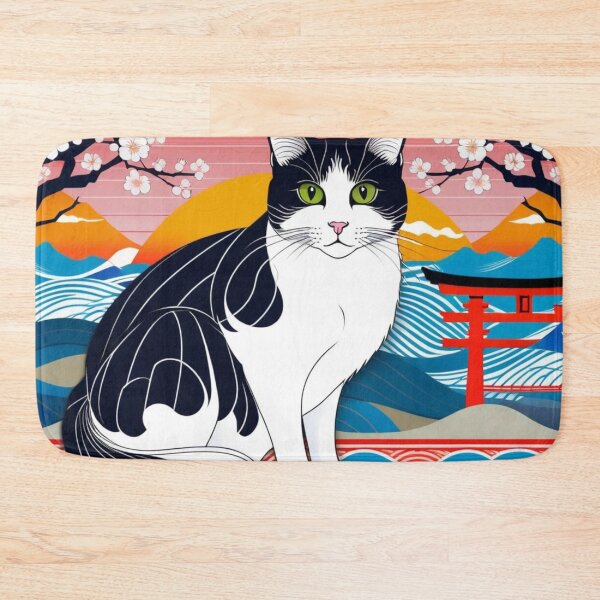 Item preview, Elegant Black and White Cat with Torii, Sunset, and Japanese Waves designed and sold by LEO'S CREATURE　れおずくりーちゃー.