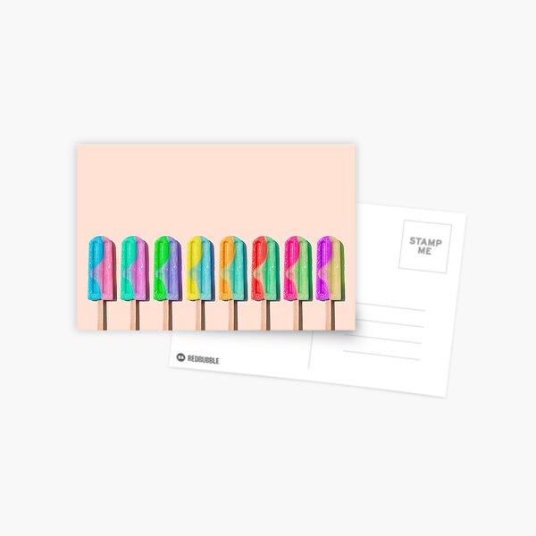 Row of rainbow-colored icecream lollies Postcard