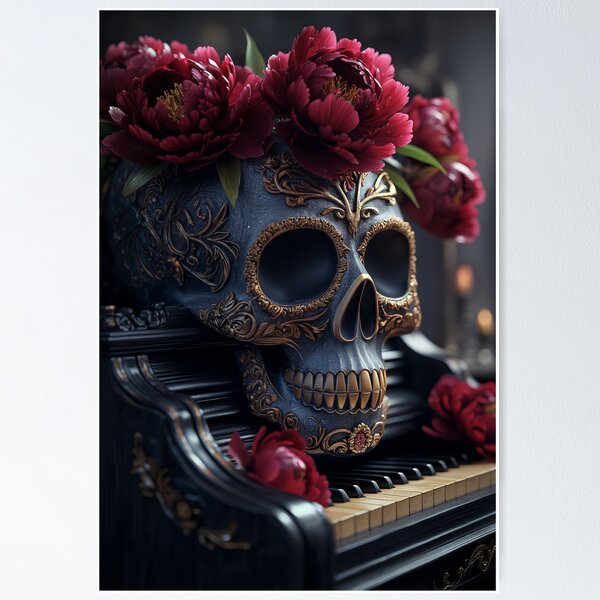 Item preview, Santa Muerte Grand Piano with Dewy Peonies – Baroque Gothic Art designed and sold by ArtiQreate.