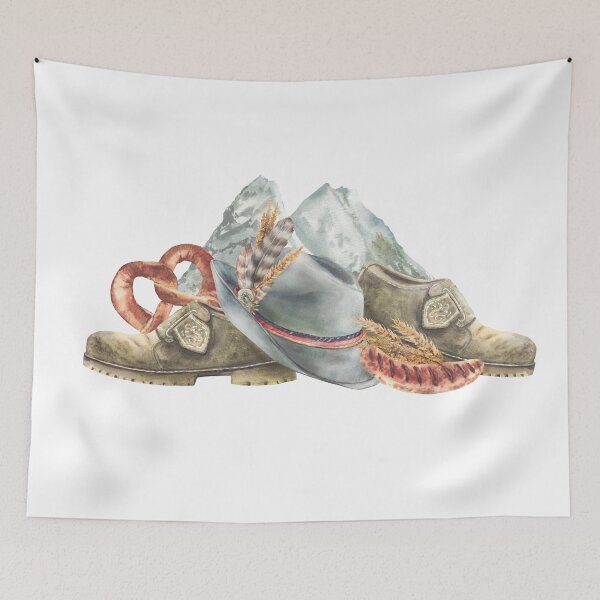 Item preview, Oktoberfest watercolor. German alpine mountain, pretzel, sausage. Bavarian hat, shoes. designed and sold by BartolArt.