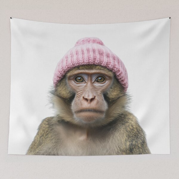 Item preview, Cozy Baboon Wearing Pink Winter Hat Trendy Animal Fashion Artwork designed and sold by LazyOwlStore.