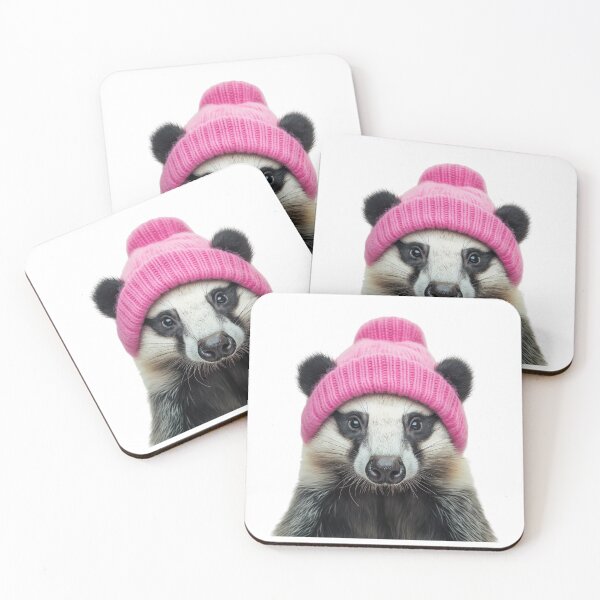 Item preview, Cozy Badger Wearing Pink Winter Hat Trendy Animal Fashion Artwork designed and sold by LazyOwlStore.