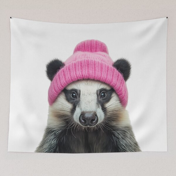 Item preview, Cozy Badger Wearing Pink Winter Hat Trendy Animal Fashion Artwork designed and sold by LazyOwlStore.