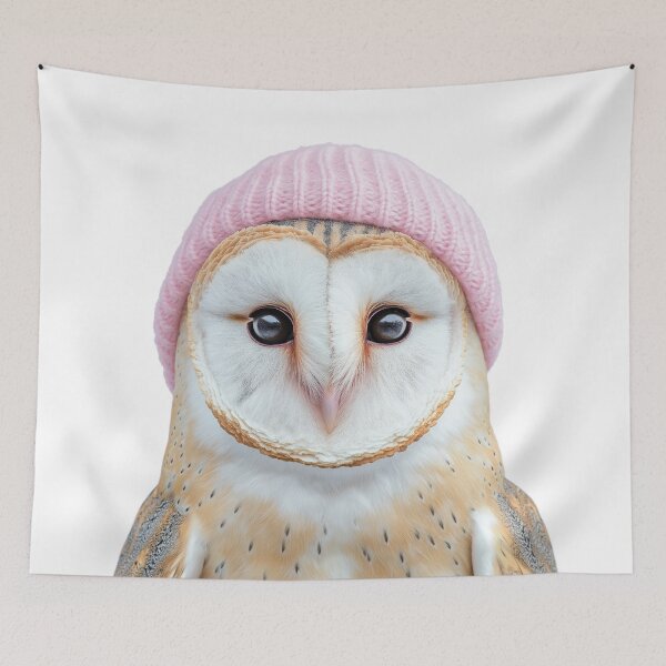 Item preview, Cozy Barn Owl Wearing Pink Winter Hat Trendy Animal Fashion Artwork designed and sold by LazyOwlStore.