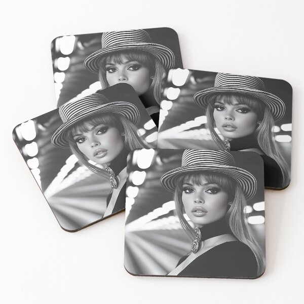Item preview, Monochrome Portrait of a Stylish Woman with Striped Hat and Dramatic Makeup designed and sold by daila70.