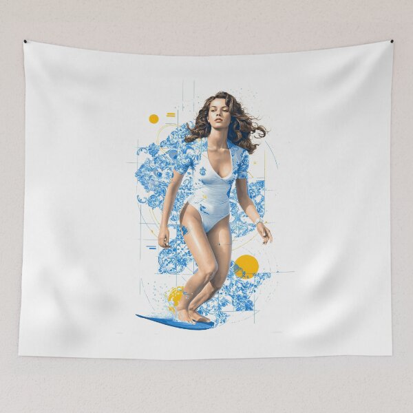 Item preview, modern graphic composition featuring a brunette woman surfer in dynamic motion designed and sold by wonderisland.