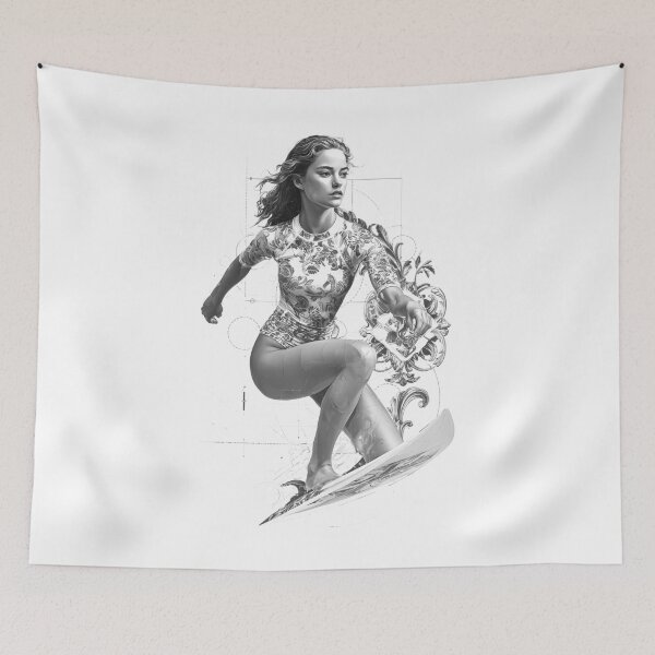 Item preview, modern graphic composition featuring a brunette woman surfer in dynamic motion, designed and sold by wonderisland.