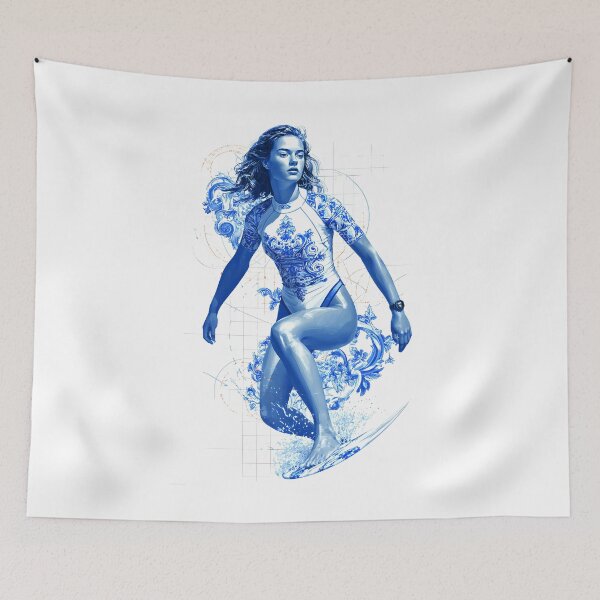 Item preview, modern graphic composition featuring a brunette woman surfer in dynamic motion, designed and sold by wonderisland.
