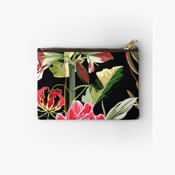 Item preview, Seamless pattern with hand drawn colored amaryllis lilies and others paradise flower and palm tropical leaves. designed and sold by MatyKotiv.