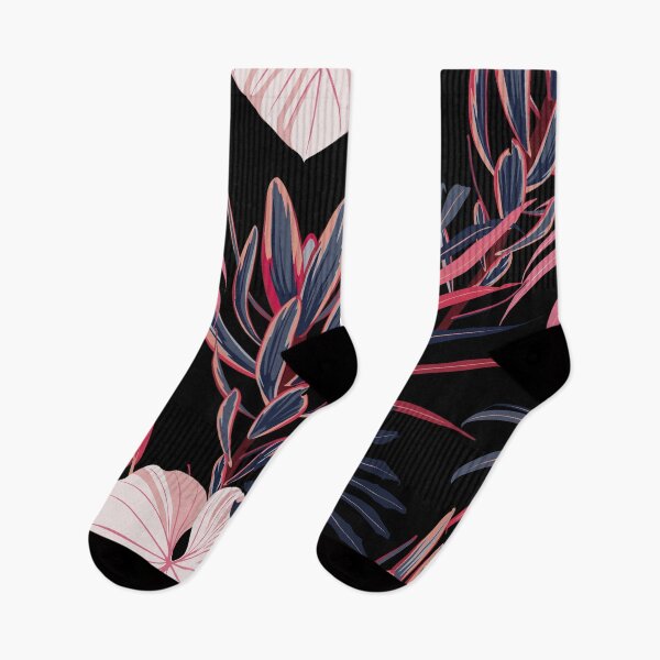 Item preview, Abstract vintage seamless tropical pattern with colorful pink blue leaves and on black background. designed and sold by MatyKotiv.