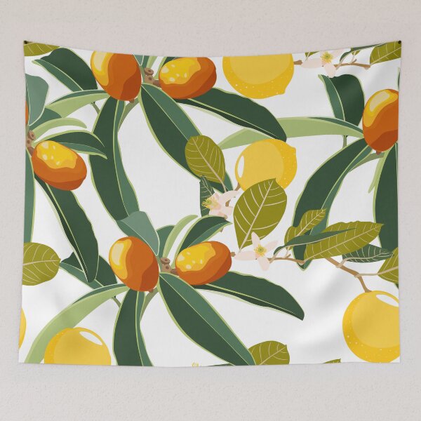 Item preview, Cartoon style seamless pattern with Fortunella or Kumquat and lemon exotic fruits, flowers and leaves. designed and sold by MatyKotiv.