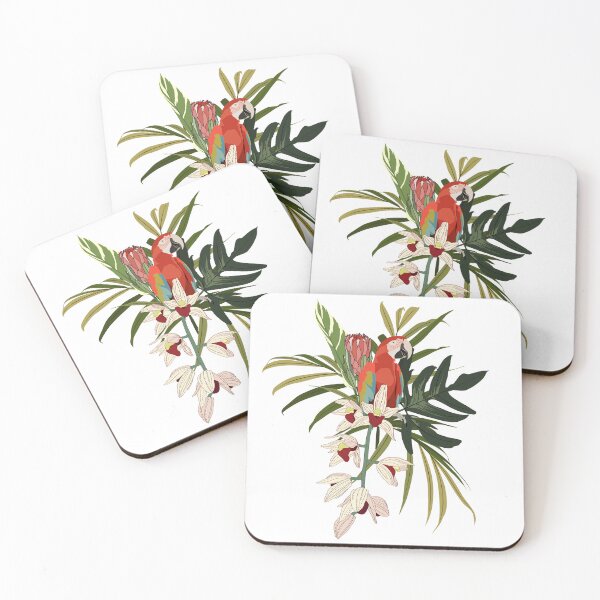 Item preview, Tropical composition with orchid, protea flowers, leaves and parrot bird. designed and sold by MatyKotiv.