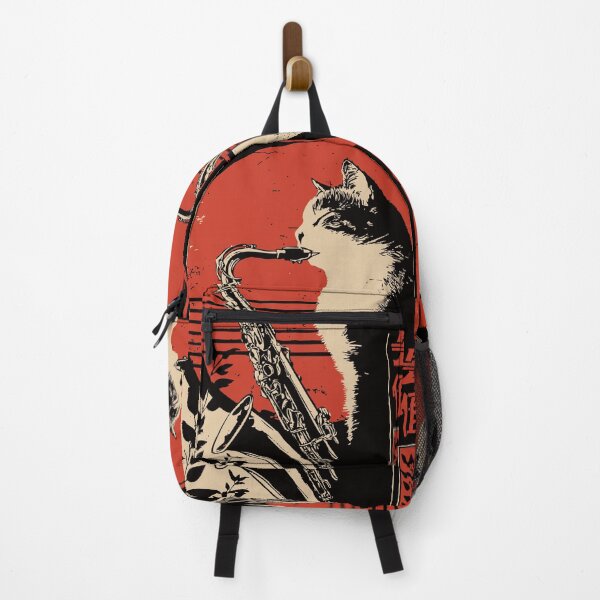 Item preview, Cat Playing Saxophone – Cool Jazz Feline with Red Sun Backdrop designed and sold by TuncGK.