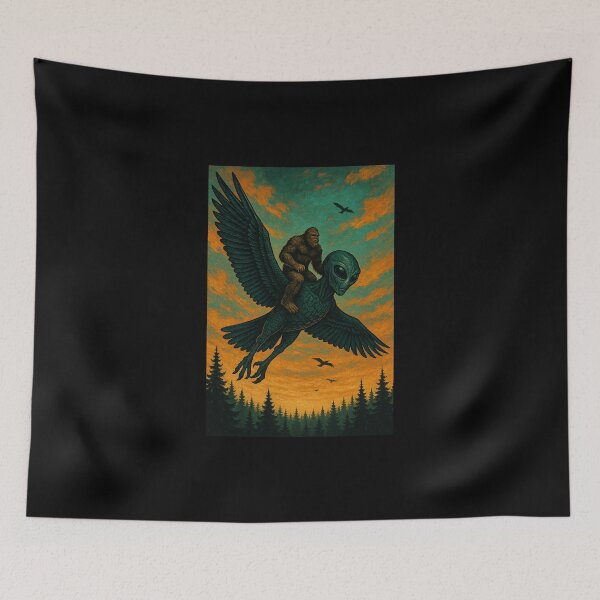 Item preview, Epic Bigfoot Rides Alien Owl Creature Over Teal and Orange Forest Sunset - Cryptid Fantasy Art designed and sold by love3617.