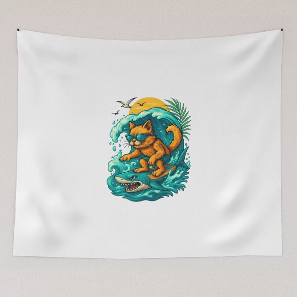 Item preview, Surf Cat on Shark Board – Cool Tropical Wave Rider designed and sold by WolfPixelRo.
