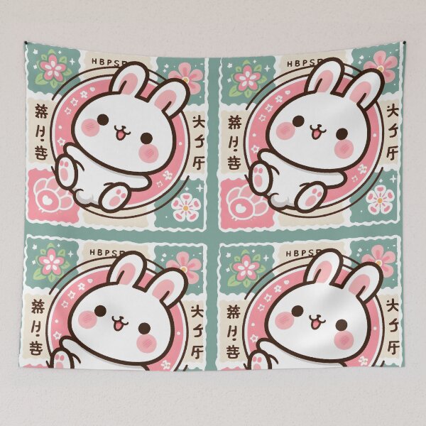 Item preview, Kawaii Japanese Bunny Stamp – Vintage Modern Floral Vibes designed and sold by EmeraldeaArt.
