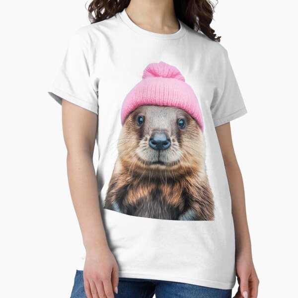Vista previa del artículo con la obra «Un castor acogedor con un gorro de invierno rosa es una obra de arte de moda animal de moda.», diseñado y vendido por LazyOwlStore.
