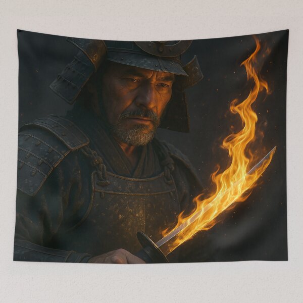 Item preview, Unyielding Warrior with Flaming Japanese Sword designed and sold by EvokeInspire.