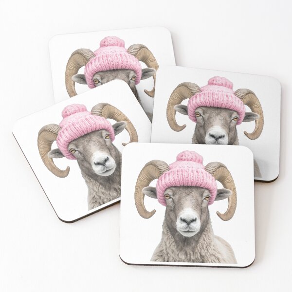 Item preview, Cozy Bighorn Sheep Wearing Pink Winter Hat Trendy Animal Fashion Artwork designed and sold by LazyOwlStore.