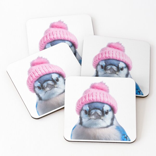 Item preview, Cozy Blue Jay Wearing Pink Winter Hat Trendy Animal Fashion Artwork designed and sold by LazyOwlStore.