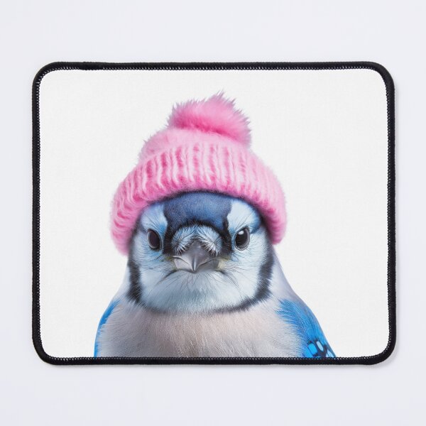 Item preview, Cozy Blue Jay Wearing Pink Winter Hat Trendy Animal Fashion Artwork designed and sold by LazyOwlStore.