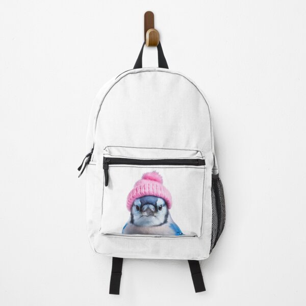Item preview, Cozy Blue Jay Wearing Pink Winter Hat Trendy Animal Fashion Artwork designed and sold by LazyOwlStore.
