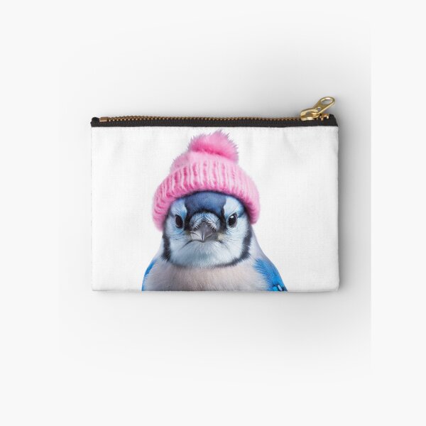Item preview, Cozy Blue Jay Wearing Pink Winter Hat Trendy Animal Fashion Artwork designed and sold by LazyOwlStore.