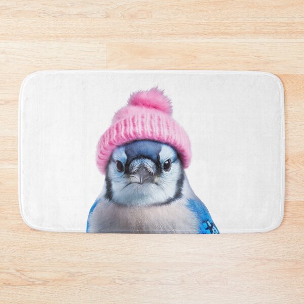 Item preview, Cozy Blue Jay Wearing Pink Winter Hat Trendy Animal Fashion Artwork designed and sold by LazyOwlStore.