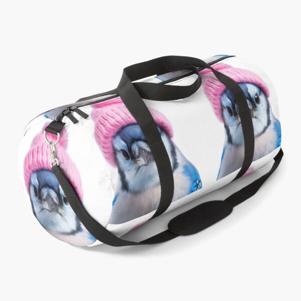Item preview, Cozy Blue Jay Wearing Pink Winter Hat Trendy Animal Fashion Artwork designed and sold by LazyOwlStore.
