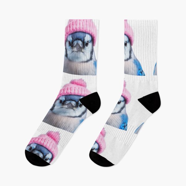 Item preview, Cozy Blue Jay Wearing Pink Winter Hat Trendy Animal Fashion Artwork designed and sold by LazyOwlStore.