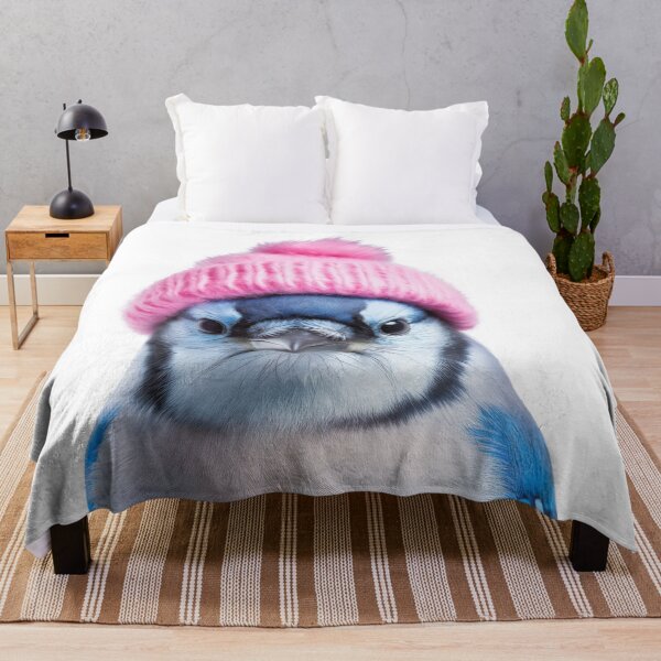 Item preview, Cozy Blue Jay Wearing Pink Winter Hat Trendy Animal Fashion Artwork designed and sold by LazyOwlStore.