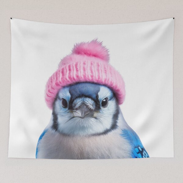 Item preview, Cozy Blue Jay Wearing Pink Winter Hat Trendy Animal Fashion Artwork designed and sold by LazyOwlStore.