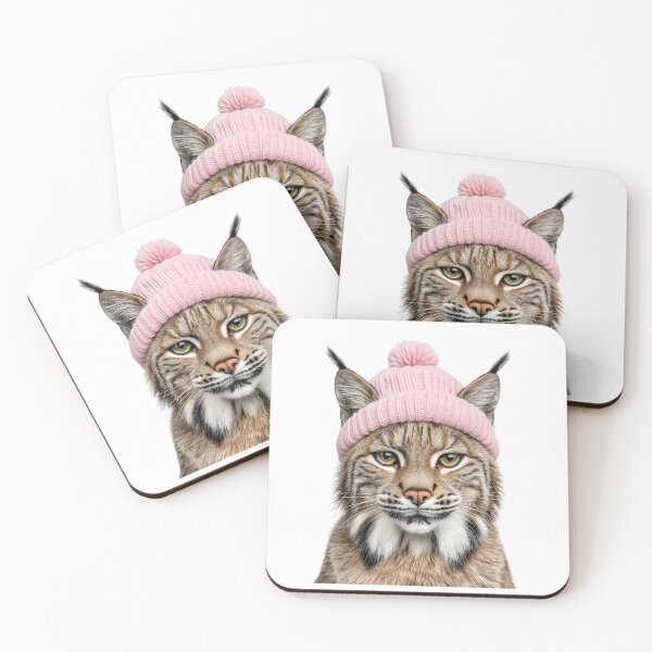 Item preview, Cozy Bobcat Wearing Pink Winter Hat Trendy Animal Fashion Artwork designed and sold by LazyOwlStore.