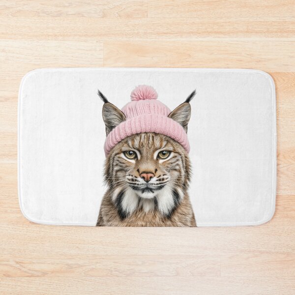 Item preview, Cozy Bobcat Wearing Pink Winter Hat Trendy Animal Fashion Artwork designed and sold by LazyOwlStore.