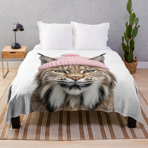 Item preview, Cozy Bobcat Wearing Pink Winter Hat Trendy Animal Fashion Artwork designed and sold by LazyOwlStore.