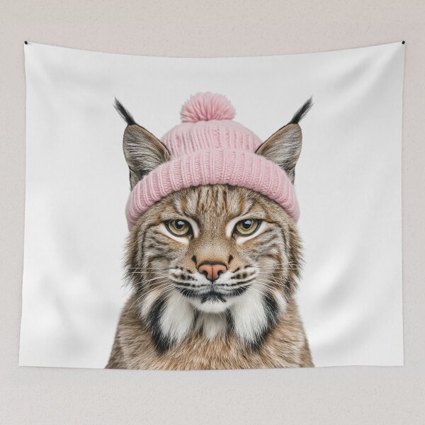 Item preview, Cozy Bobcat Wearing Pink Winter Hat Trendy Animal Fashion Artwork designed and sold by LazyOwlStore.