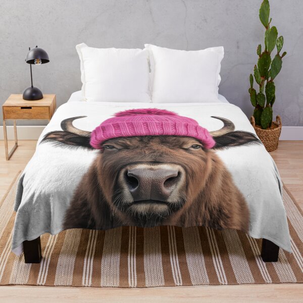 Item preview, Cozy Buffalo Wearing Pink Winter Hat Trendy Animal Fashion Artwork designed and sold by LazyOwlStore.