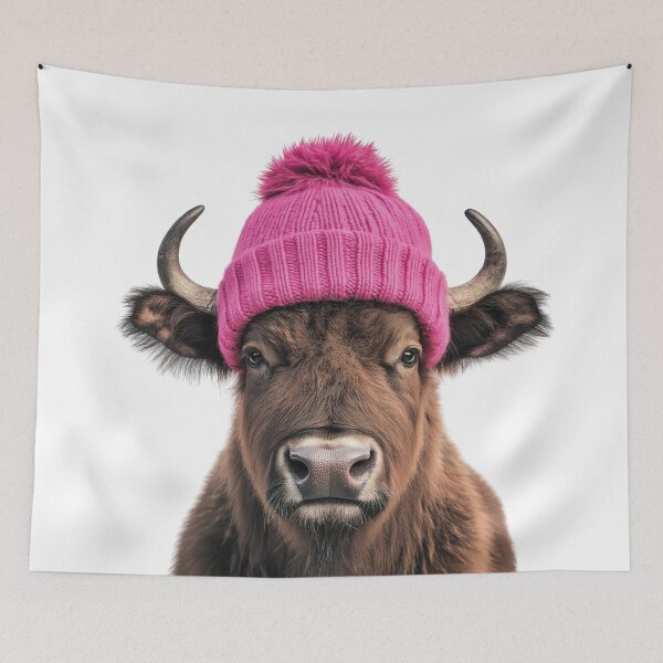 Item preview, Cozy Buffalo Wearing Pink Winter Hat Trendy Animal Fashion Artwork designed and sold by LazyOwlStore.