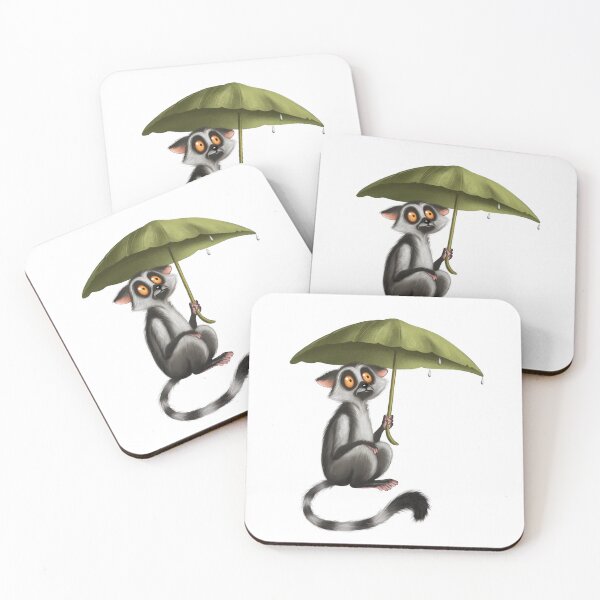 Item preview, Lemur sitting under a large leaf umbrella looking surprised on a rainy day in a tropical setting designed and sold by Ms. Iryna.
